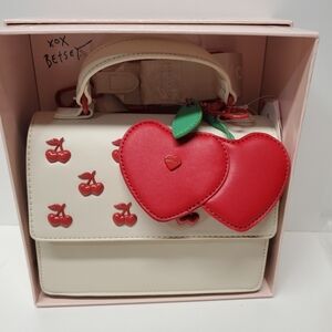 Betsey Johnson Chalk and Red Cherry Satchel With Detachable Heart Cherry Charm